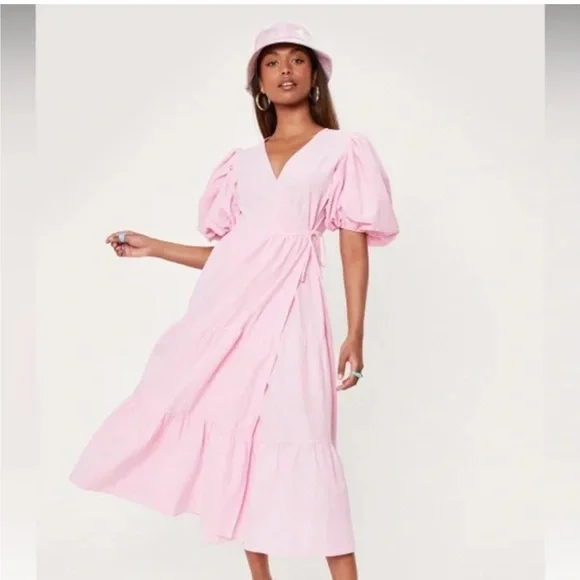 Pink puff sleeve tiered midi wrap dress - Picture 8 of 8